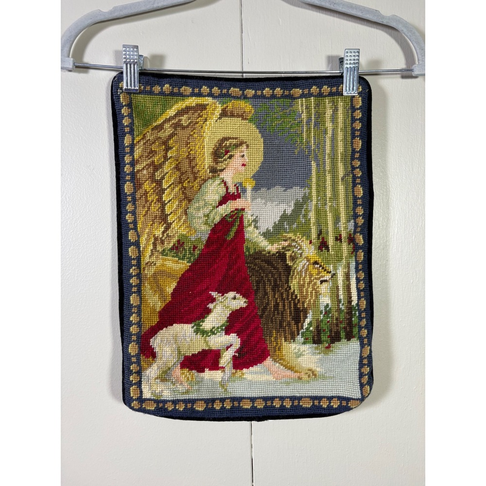Christmas Angel Needlepoint Pillow Cover Lion and Lamb Velvet Back 11x15